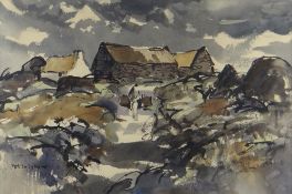 DONALD McINTYRE early watercolour - landscape with whitewashed cottage, mule and figure on path,