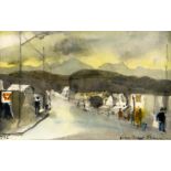 JOHN KNAPP-FISHER watercolour - street scene with figures, entitled verso 'Leaving Utenage',