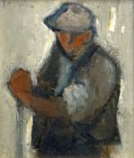 WILL ROBERTS oil on board - standing figure in cap and waistcoat with tool, signed with initials, 17