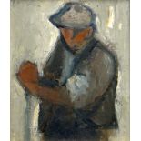 WILL ROBERTS oil on board - standing figure in cap and waistcoat with tool, signed with initials, 17