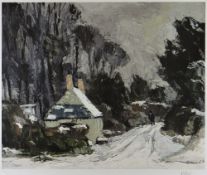 SIR KYFFIN WILLIAMS RA limited edition (56/150) print - figure walking on snowy lane with nearby