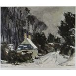 SIR KYFFIN WILLIAMS RA limited edition (56/150) print - figure walking on snowy lane with nearby