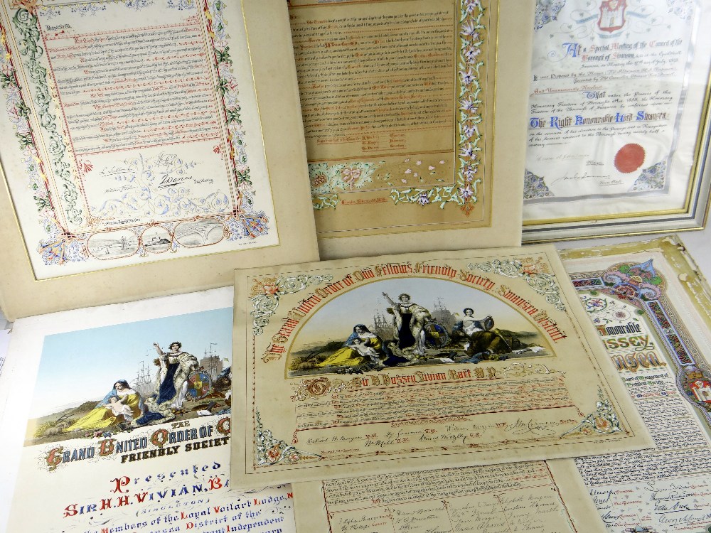 SEVEN HIGHLY DECORATIVE LATE-VICTORIAN CALLIGRAPHY & PICTORIAL CERTIFICATES ILLUSTRATED BY HAND