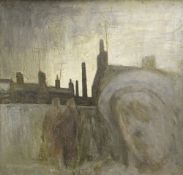 GEORGE CHAPMAN oil on board - female head and figures standing in valley street scene with rooftop