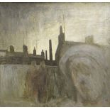 GEORGE CHAPMAN oil on board - female head and figures standing in valley street scene with rooftop