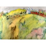 MIKE JONES pastel and mixed media - landscape with terraced houses, entitled verso 'Quarry Men's