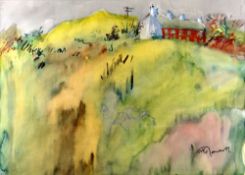 MIKE JONES pastel and mixed media - landscape with terraced houses, entitled verso 'Quarry Men's