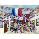 ELIZABETH HOPKIN watercolour - busy street-party scene with flags, entitled verso 'Coronation of