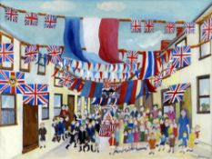 ELIZABETH HOPKIN watercolour - busy street-party scene with flags, entitled verso 'Coronation of