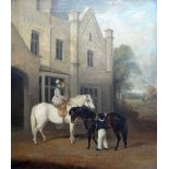 EARLY NINETEENTH CENTURY PRIMITIVE SCHOOL oil on canvas - horse mounted lady seated side saddle on a