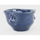EWENNY POTTERY THREE-FACED OWL BOWL of trefoil form in mottled blue glaze with painted sgraffito and