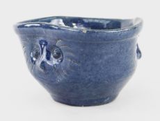 EWENNY POTTERY THREE-FACED OWL BOWL of trefoil form in mottled blue glaze with painted sgraffito and