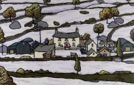 ALAN WILLIAMS acrylic on rag paper - winter scene with farm in a landscape, entitled verso '