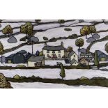 ALAN WILLIAMS acrylic on rag paper - winter scene with farm in a landscape, entitled verso '