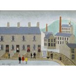 JACK JONES oil on board - Yorkshire street scene with figures, entitled verso 'Houses and Mills,