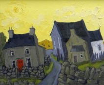 WYNNE JENKINS oil on canvas - chapel and house under a yellow sky, entitled verso 'Diwrnod o Haf' (A