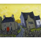 WYNNE JENKINS oil on canvas - chapel and house under a yellow sky, entitled verso 'Diwrnod o Haf' (A