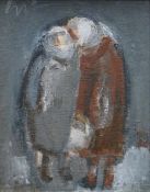 WILL ROBERTS oil on board - two standing female figures in raincoats and head scarves, entitled