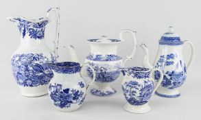 GROUP OF EARLY 19TH CENTURY WELSH BLUE & WHITE TRANSFER EARTHENWARE including Swansea coffee pot and