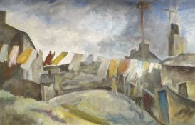 GEORGE CHAPMAN oil on board - valley street scene with figures walking, washing on line across road,