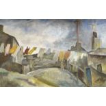 GEORGE CHAPMAN oil on board - valley street scene with figures walking, washing on line across road,