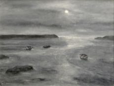 PETER JOHN JONES acrylic on canvas - coastal scene, entitled verso 'Poacher's Moon', 71 x 90cms