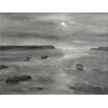 PETER JOHN JONES acrylic on canvas - coastal scene, entitled verso 'Poacher's Moon', 71 x 90cms