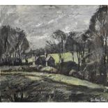 JOHN KNAPP-FISHER oil on canvas - house amongst trees and fields, entitled 'March Landscape 3',