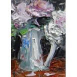 SHANI RHYS JAMES oil on gesso - still life, entitled verso 'Jug & Roses', signed and dated 2012, 18