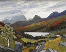 DAVID BARNES oil on board - entitled verso 'The Nantgwynant' with Snowdonia landscape and lake,