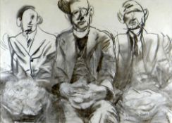 JOHN UZZELL EDWARDS mixed media - seated priest flanked by two other seated males, entitled verso '