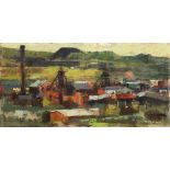 HYWEL HARRIES oil on board - expansive colliery scene, signed, 46 x 91cms