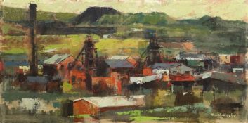 HYWEL HARRIES oil on board - expansive colliery scene, signed, 46 x 91cms