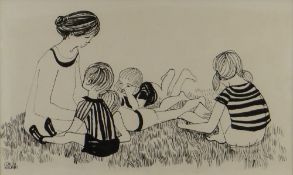 CLAUDIA WILLIAMS pen and ink drawing - family group, signed, 21 x 34cms