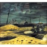 CLIVE HICKS-JENKINS mixed media - landscape with cottages at night, entitled verso 'Ancient