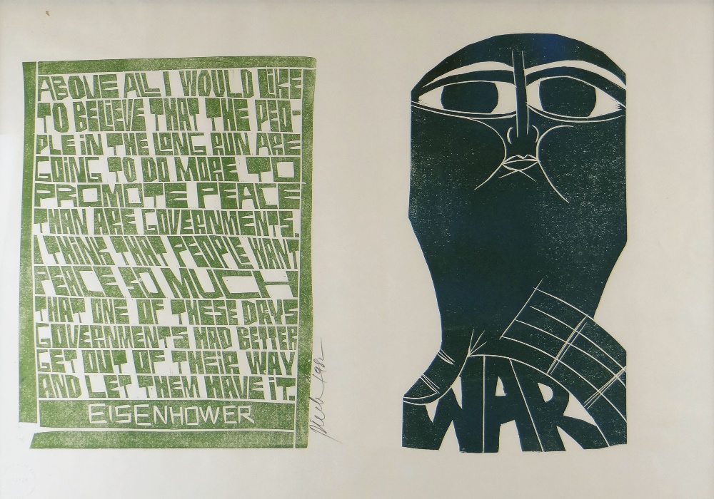 PAUL PETER PIECH coloured linocut / print - a quotation by Eisenhower and War graphic, signed and