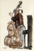 KAREL LEK mixed media - study of composer and double bass player Sylvia Maessen playing at Brecon