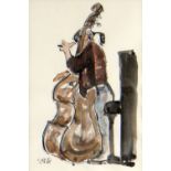 KAREL LEK mixed media - study of composer and double bass player Sylvia Maessen playing at Brecon