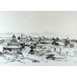 SIR KYFFIN WILLIAMS RA inkwash - Anglesey village landscape with Snowdonia beyond, entitled verso '