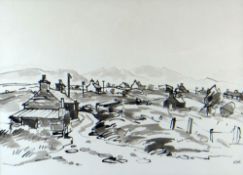 SIR KYFFIN WILLIAMS RA inkwash - Anglesey village landscape with Snowdonia beyond, entitled verso '