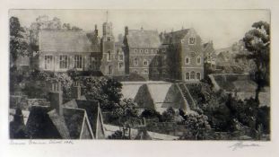 A J LAVENDER etching - Swansea Grammar School and gardens, title to mount and dated 1936, signed, 22