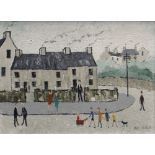 JACK JONES oil on board - street scene with figures, entitled verso 'Cwm Level Road, Brynhyfryd,