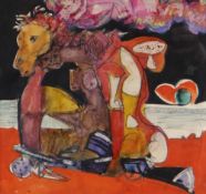 ELVET THOMAS mixed media - surreal scene with figure and a horse, entitled verso 'End of the War (