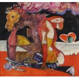 ELVET THOMAS mixed media - surreal scene with figure and a horse, entitled verso 'End of the War (