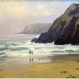 GARETH THOMAS oil on canvas - Gower beach scene with two figures, entitled verso on Albany Gallery