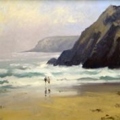 GARETH THOMAS oil on canvas - Gower beach scene with two figures, entitled verso on Albany Gallery