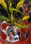 SHANI RHYS JAMES oil on panel - flowers in a jug with self portrait, entitled verso 'Yellow Tulips