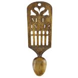 WELSH FRUITWOOD CARVED LOVE SPOON mid-19th Century, pierced with 'MP 1842' below a centre heart with