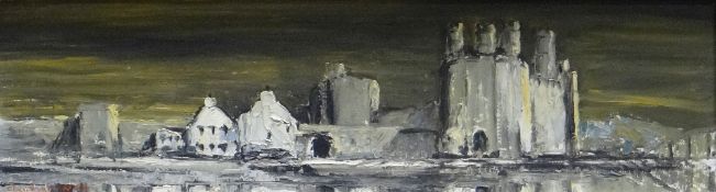 CHARLES WYATT WARREN oil on board - nighttime view, entitled 'Caernarvon Castle', signed, 13 x