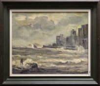 SIR KYFFIN WILLIAMS RA oil on canvas - circa 1951 coastal scene with cliffs and figure fishing,